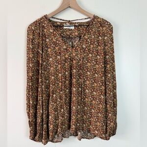 Natural Life Womens Floral Long Sleeve Blouse Top Large Orange Boho Western